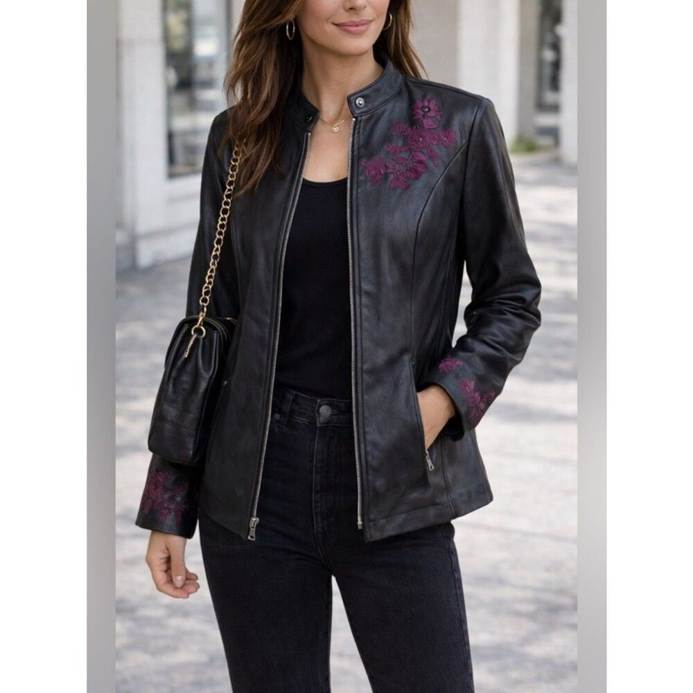 Jaclyn Smith Leather Jacket L Embroidered Black Purple Zip Women’s Edgy Moto